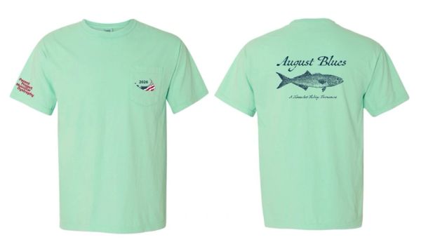 Light green t-shirt with fishing and patriotic designs on front and back.