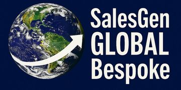 Earth with upward arrow and 'SalesGen GLOBAL Bespoke' text on dark background.