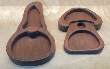 Walnut candy/nut dish set with Gnome and Tree House. Contact MAC'S WORKSHOP for pricing.