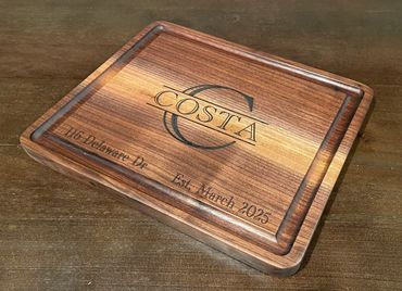 Closing Time Junior 14" x 12" x 1"  Solid Walnut  cutting/serving board with Split Letter Design