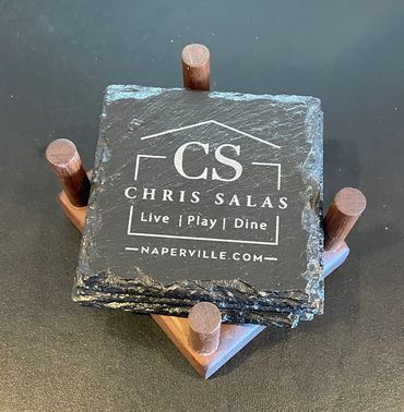 Coaster Time set of 4 personalized slate coasters in Walnut cradle