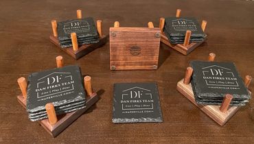 Coaster Time - one  set of 4 sculptured  slate personalized coasters  nested in  walnut  cradle