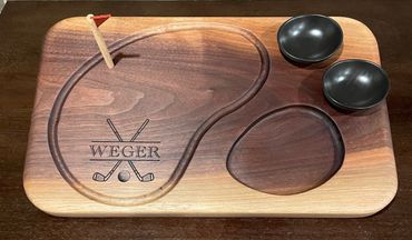 Big Bertha Hand Crafted Walnut Golf Themed charcuterie board with Crate & Barrel Dipping Bowls