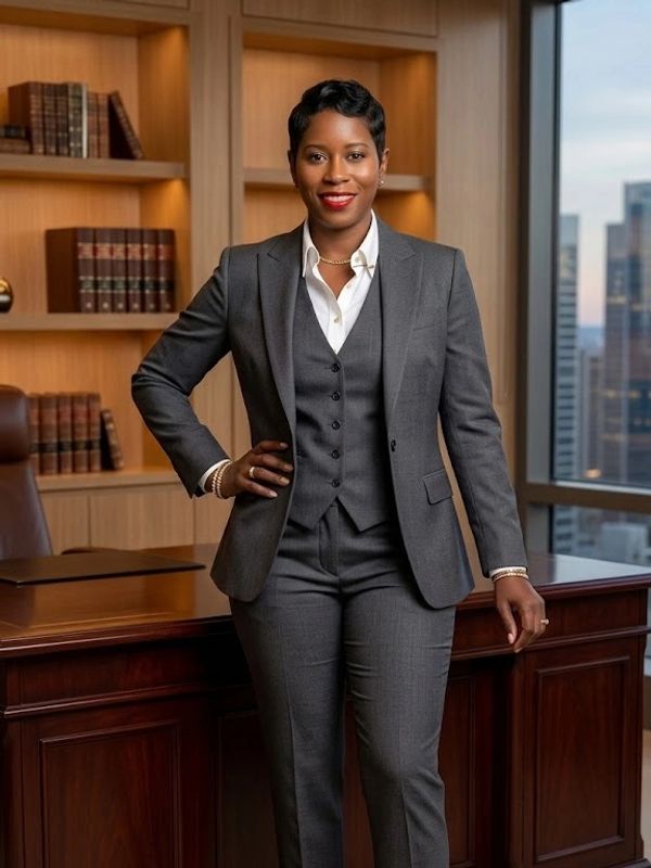 Confident woman in a tailored gray suit stands in a professional office.
