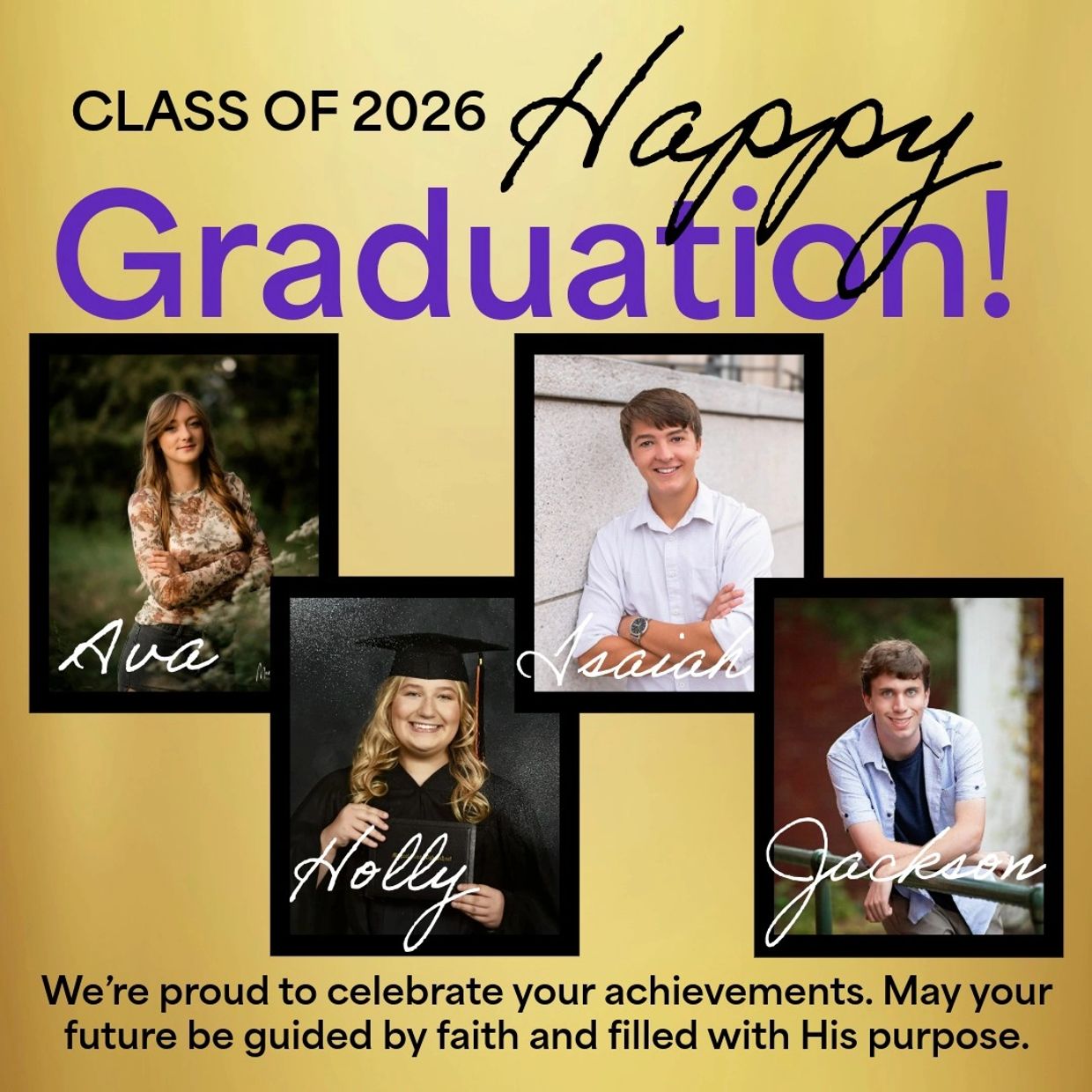 Class of 2026 graduation announcement with four student portraits and congratulatory message.