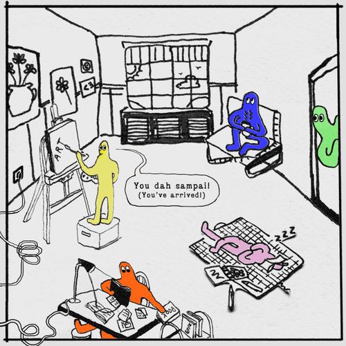 Colorful characters engaging in art, reading, and relaxing in a cozy, sketch-style room.