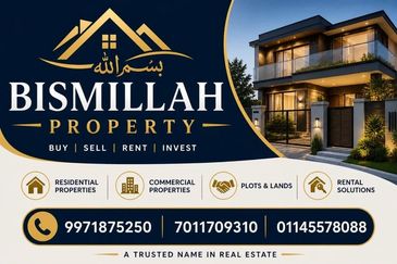Elegant real estate ad for Bismillah Property featuring a modern house and contact info.