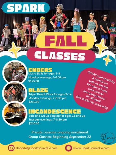 A poster with yellow, red, and turquoise describing SparkSource's fall classes.