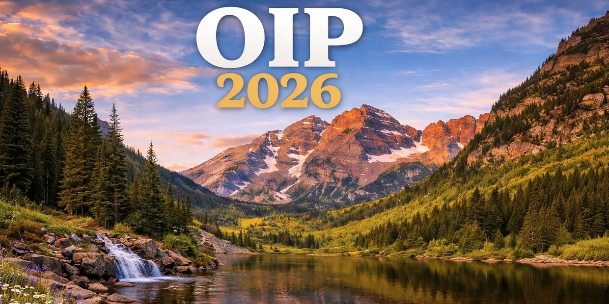Scenic mountain landscape with OIP 2026 text overlay.