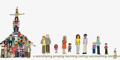 Illustration of diverse people forming a church community pyramid and others standing with words about values below.