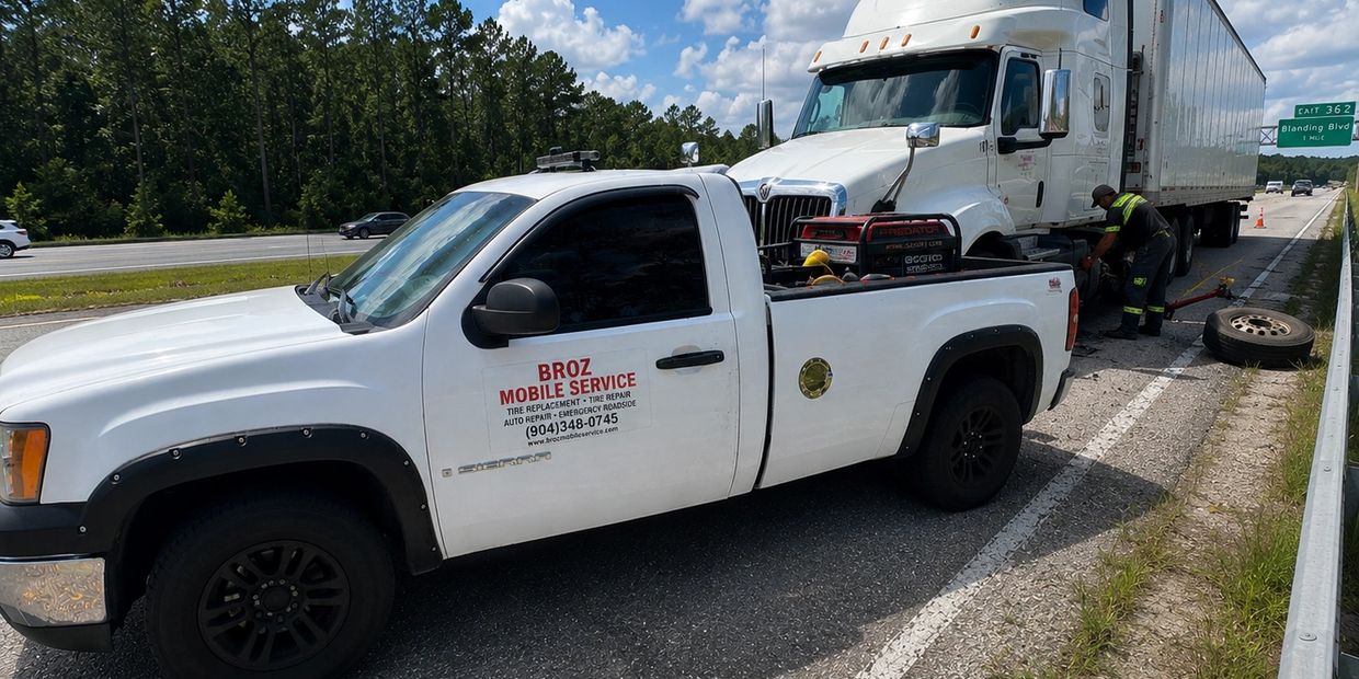 Semi-truck tire replacement on highway in Jacksonville FL
