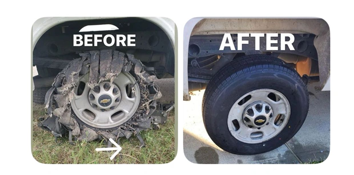 Before and after mobile tire service in Westside, Jacksonville, FL showing on-site tire replacement.