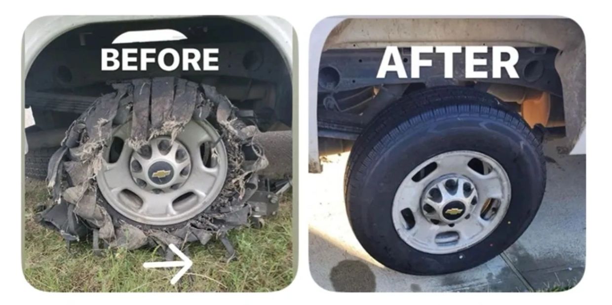 Before and after mobile tire service in Southside Jacksonville, FL showing on-site tire replacement.
