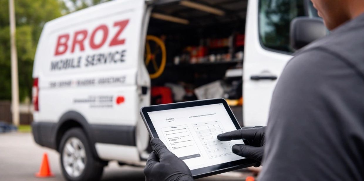 Mobile tire technician scheduling a service appointment on-site.

