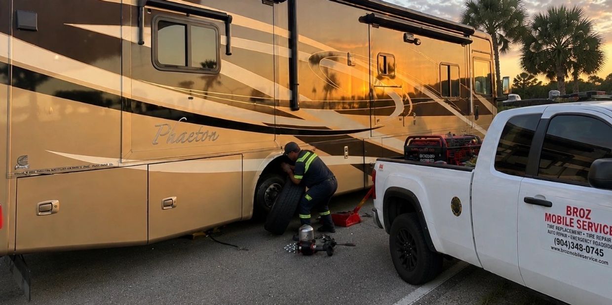 Mobile RV tire service at a roadside or campground, Jacksonville FL.
