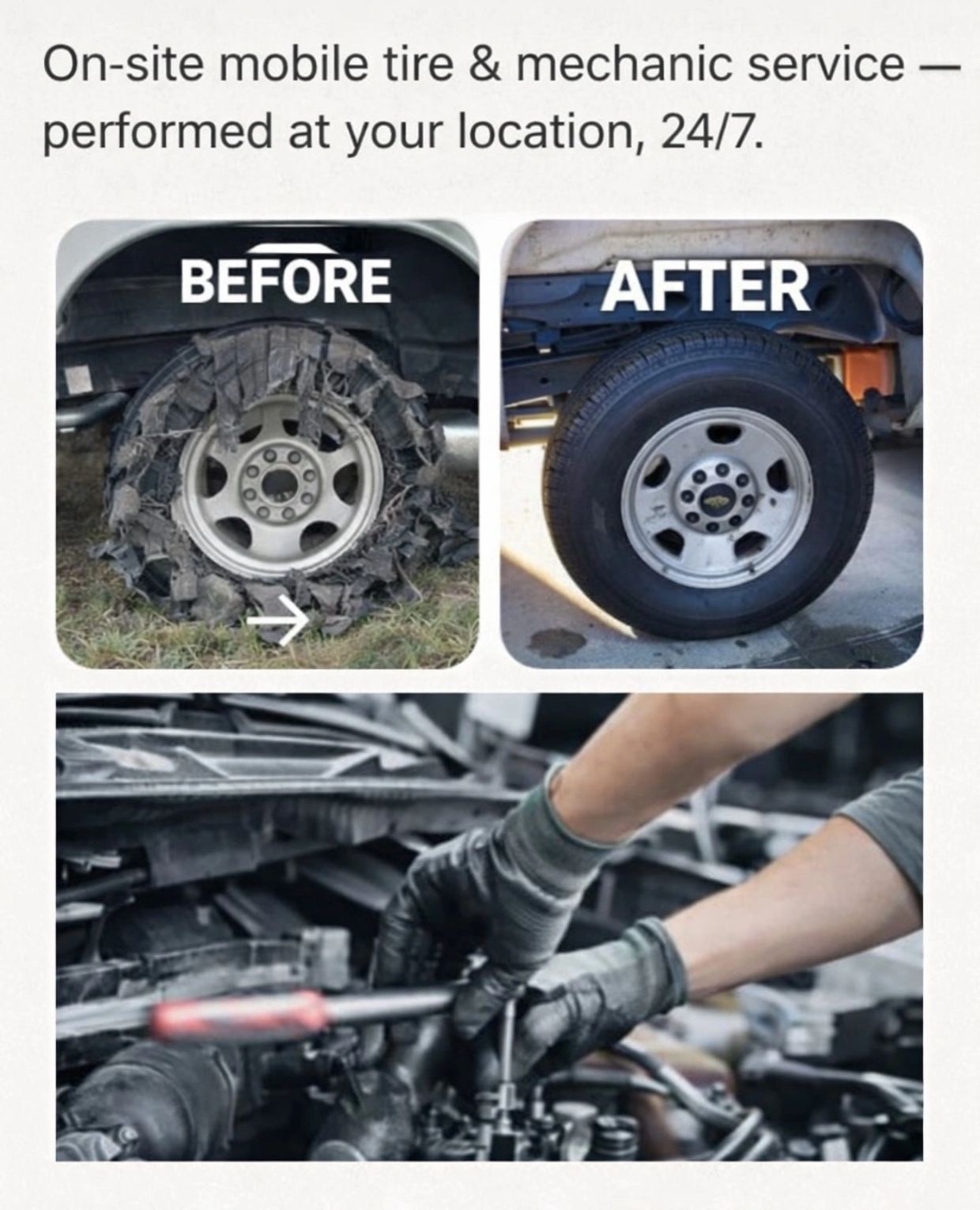 On-site mobile tire and mechanic service in Jacksonville, FL tire replacement and mechanical repair.