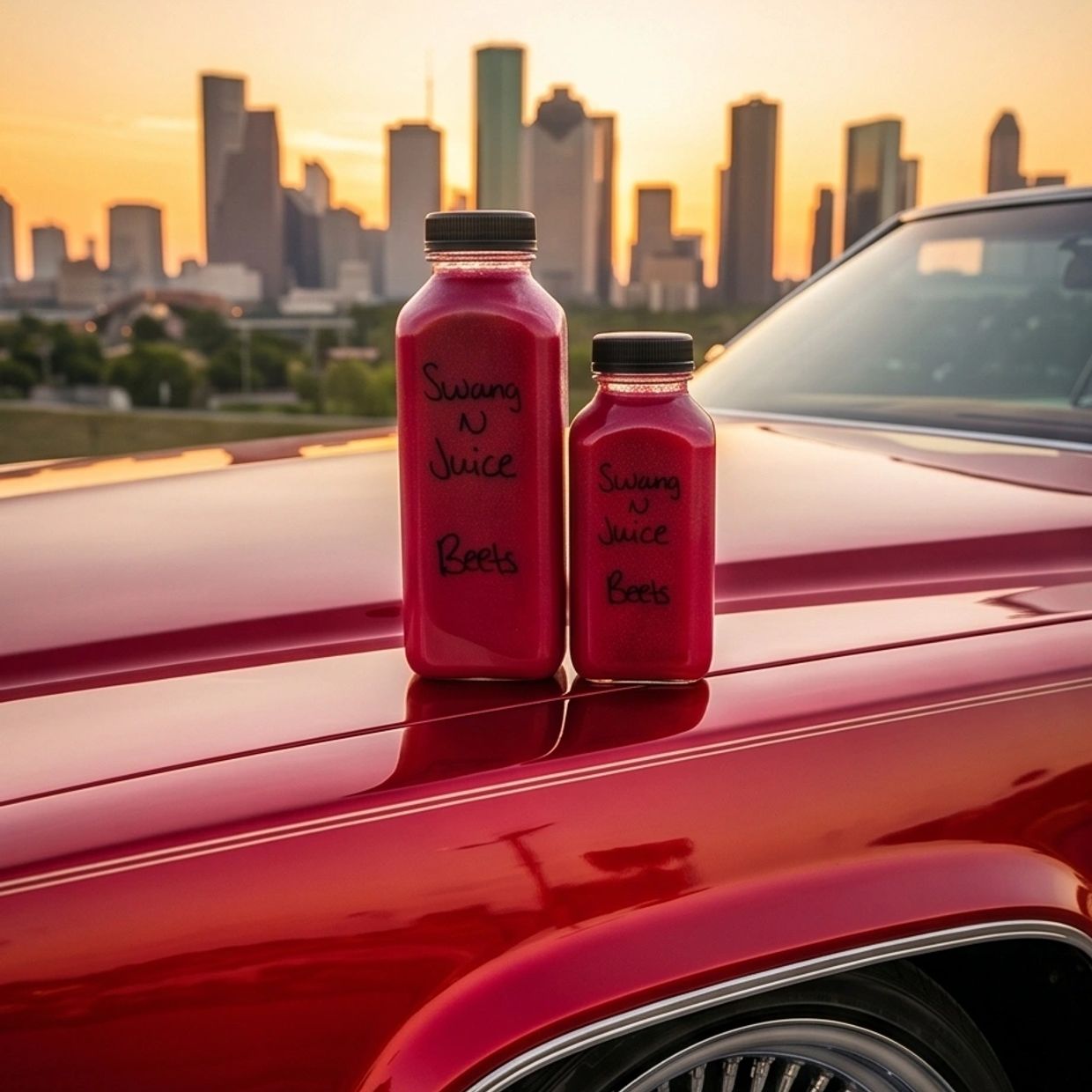 Two bottles of beet juice on a shiny red car hood with city skyline at sunset.