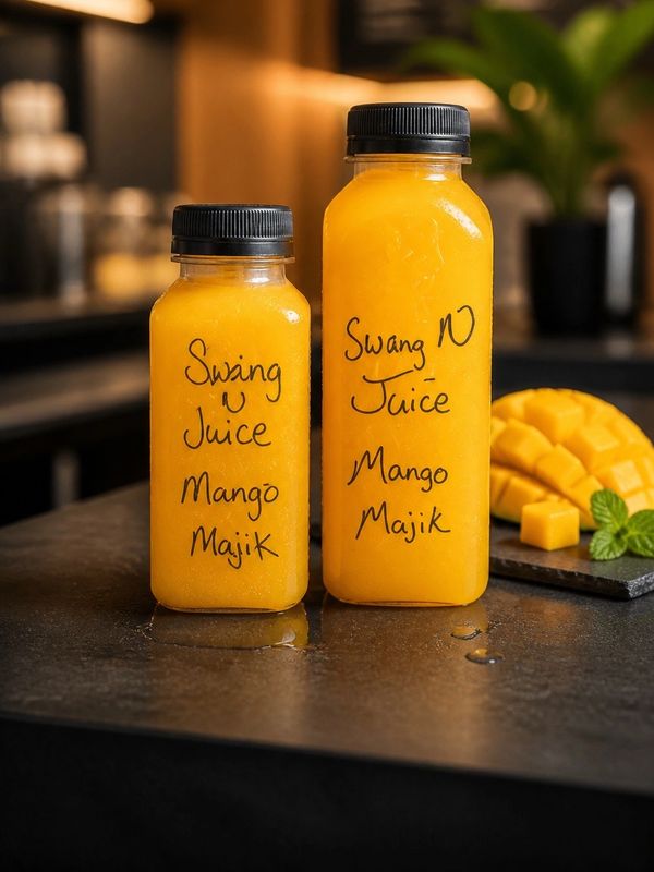 Two bottles of mango juice labeled Swing Juice and Swang NO Juice with sliced mango in the background.