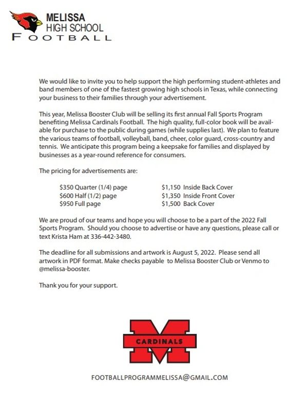 Invitation to support Melissa High School football by purchasing advertising.