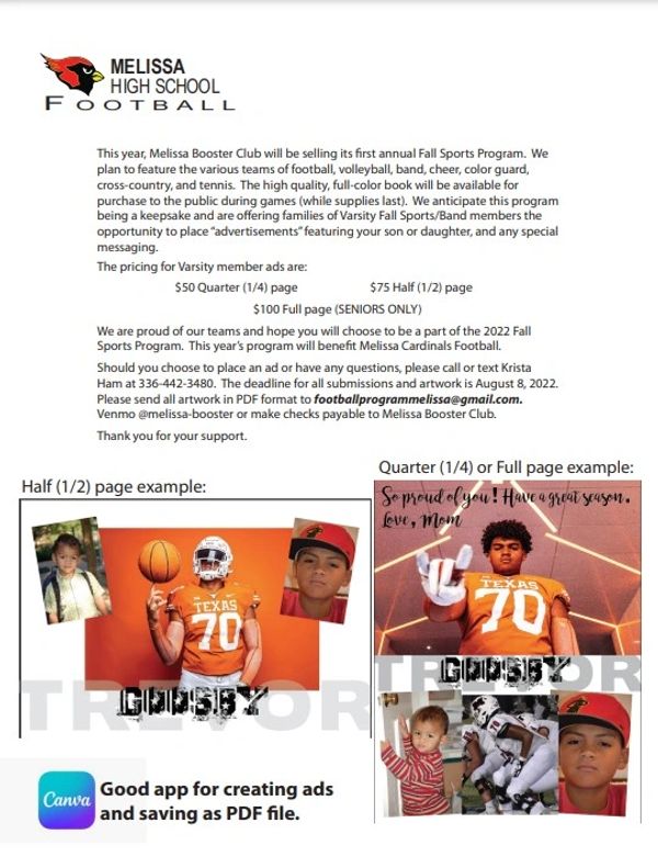 Melissa High School Football Fall Sports Program advertisement details and examples.