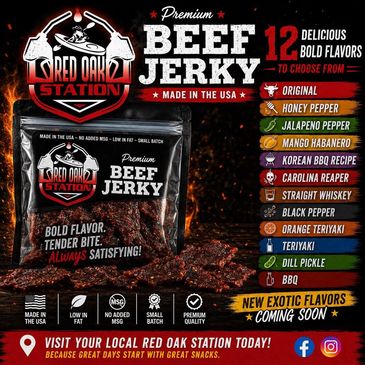 Red Oak Station Premium Beef Jerky with 12 bold flavors.