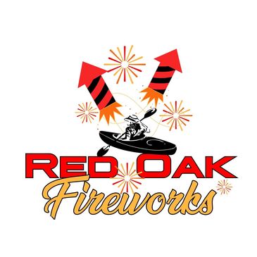 Logo for Red Oak Fireworks with fireworks and a kayaker.