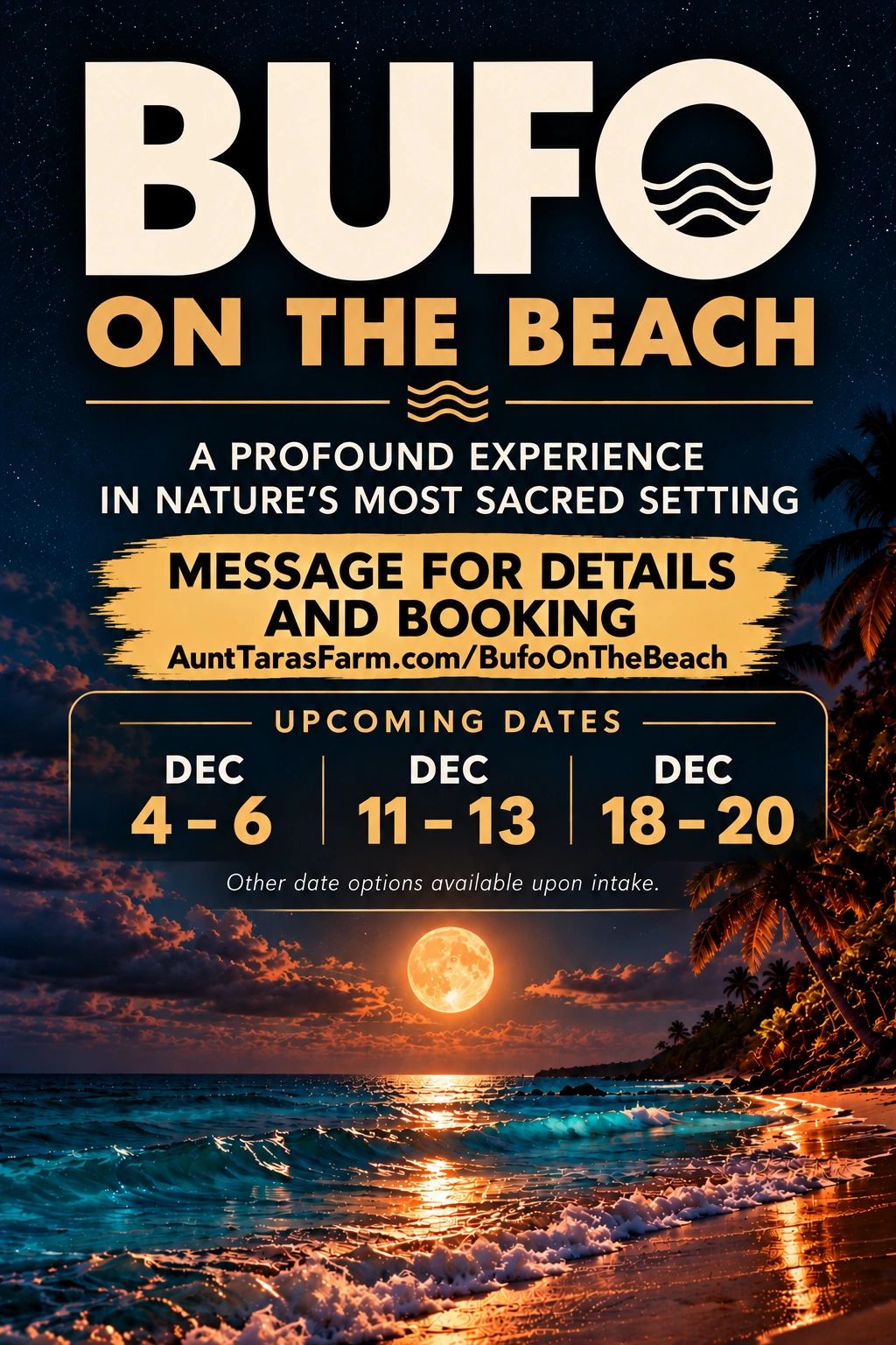 Event poster for Bufo on the Beach in December with booking details.