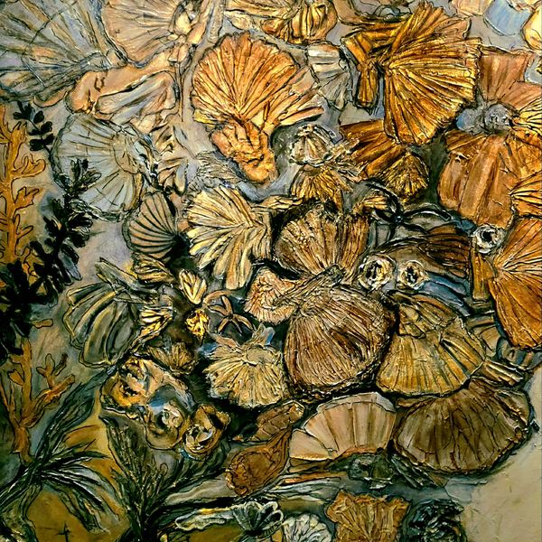 This image is of fossils and is a smaller section of a large painting