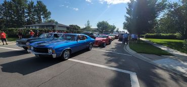 Classic cars lined up on a sunny street during a car show.