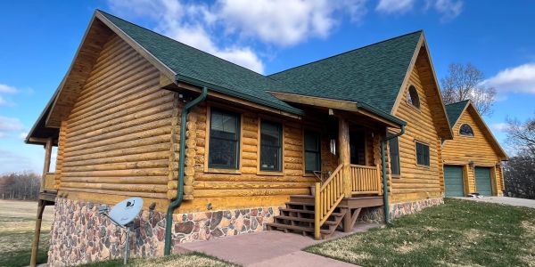 A log cabin with green roof and stone foundation under a blue sky.