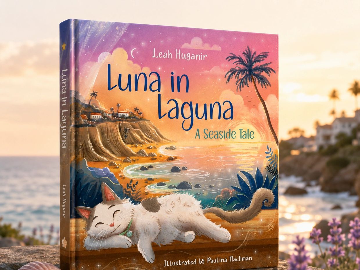 Children's book cover with a cat by the seaside at sunset.