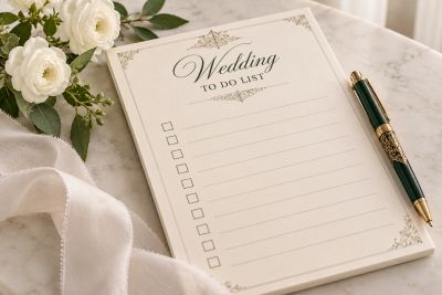 Wedding to-do list with pen and flowers.