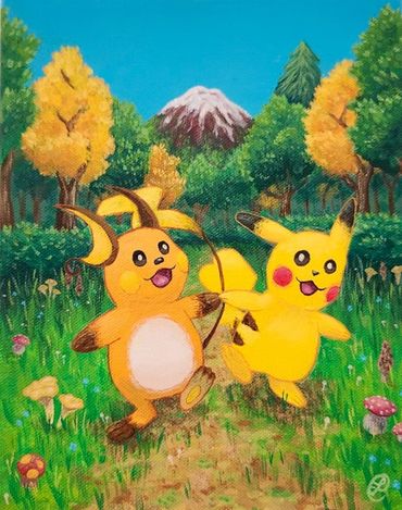 A painting of Pikachu and Raichu in a colorful forest surrounded by mushrooms. Mount Fuji. 
