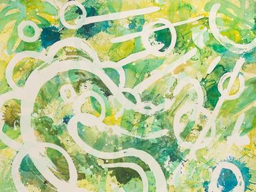 Abstract watercolor of nature and photosynthesis. Green, blue, yellow, and white. Organic shapes.