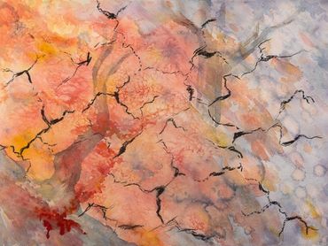 Abstract watercolor painting of a wildfire. Red and oranges, with black and greys. Charcoal.