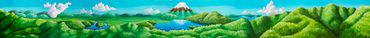Landscape painting of Mount Fuji and its surrounding lakes and hills. Greens and blues. 