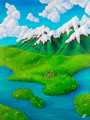 A vibrant painting of a Ghibli-esque mountaintop. Inspired by Howl's Moving Castle. Flower meadow. 