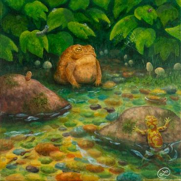 A riverside painting. It's an up-close shot. Toad sitting on the river's edge. Riverrocks. 