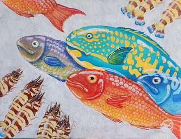 Acrylic painting of colorful fish, parrot fish, mackerel, prawn shrimp on ice at a Japanese market