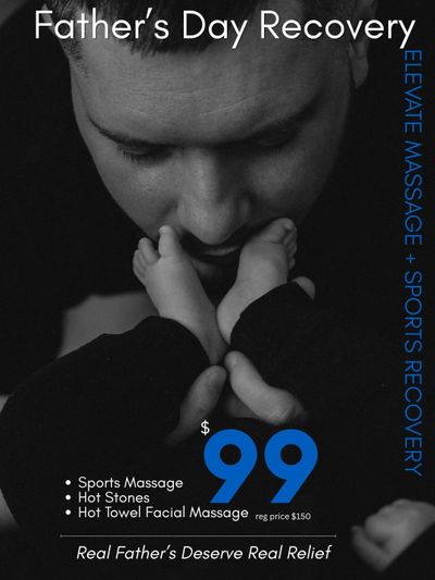 A serene Father's Day massage recovery ad featuring a dad holding baby feet.