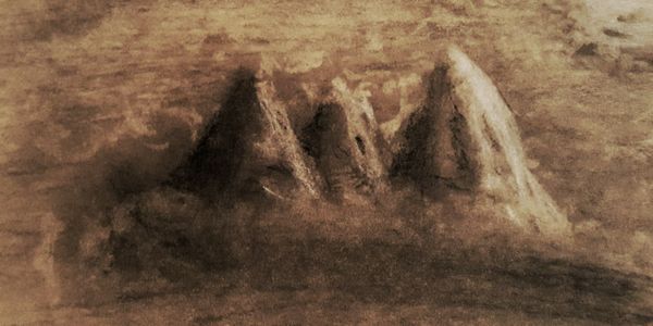 Charcoal drawing of three mountains for the Rogue Mountains supernatural, adventure, horror fiction.