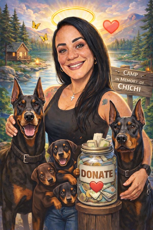 Woman smiling with Dobermans and puppies, holding a donation jar at a memorial camp.