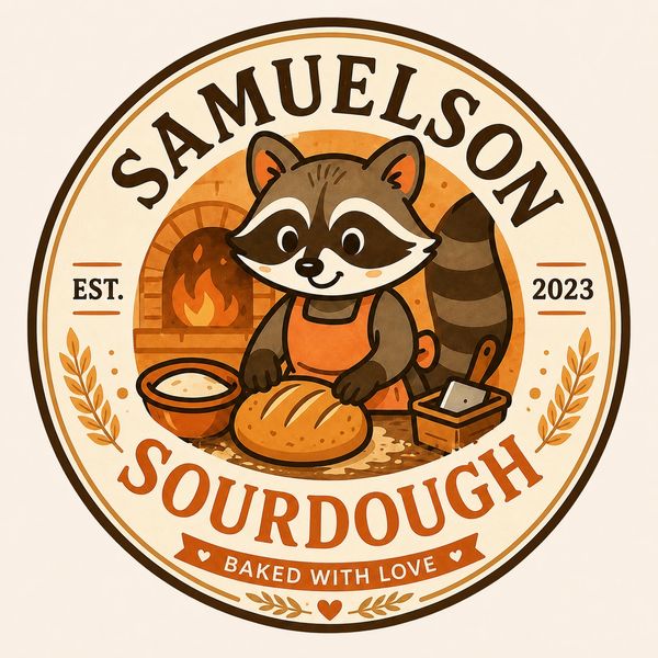 Cute raccoon baking sourdough bread logo.