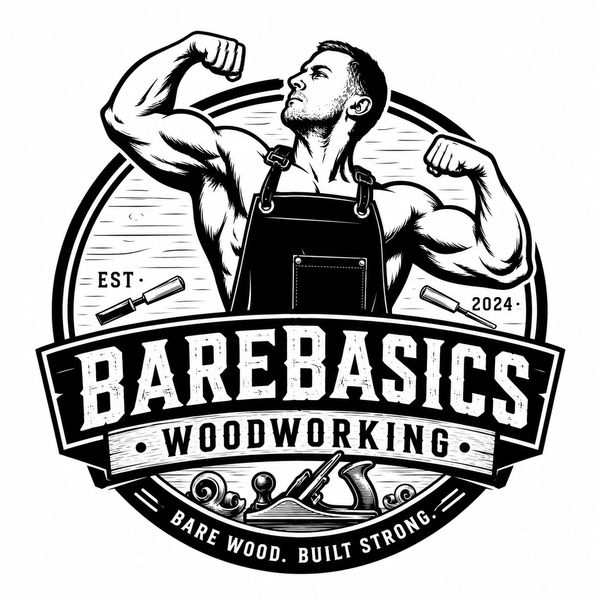 Logo of a muscular man flexing with woodworking tools and text.