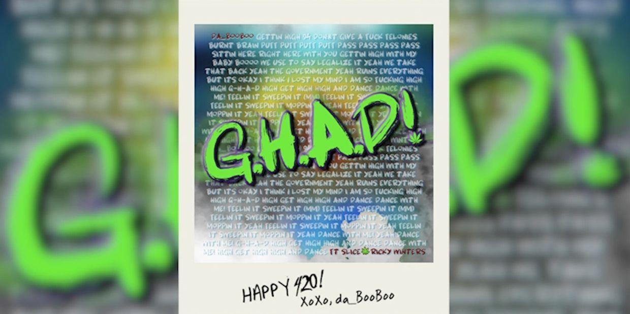 Colorful graffiti-style text 'G.H.A.D!' over a background of handwritten lyrics.