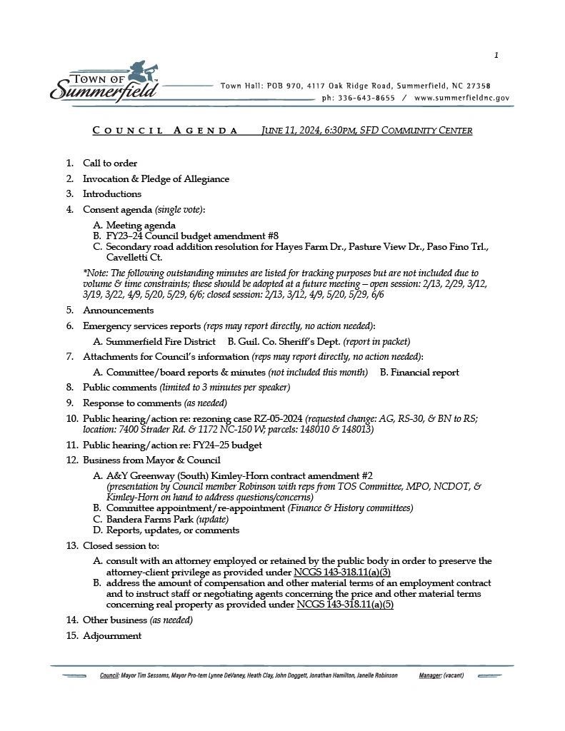 Summerfield Town Council Meeting Tuesday