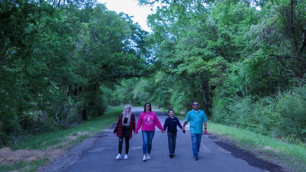 Family of four walking hand in hand on a tree-lined road.