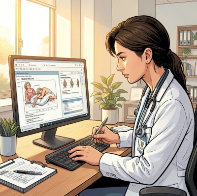 Doctor studying medical information on computer.