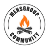 Round logo with "MensGroup" at the top a campfire in the middle and "Community" at the bottom.