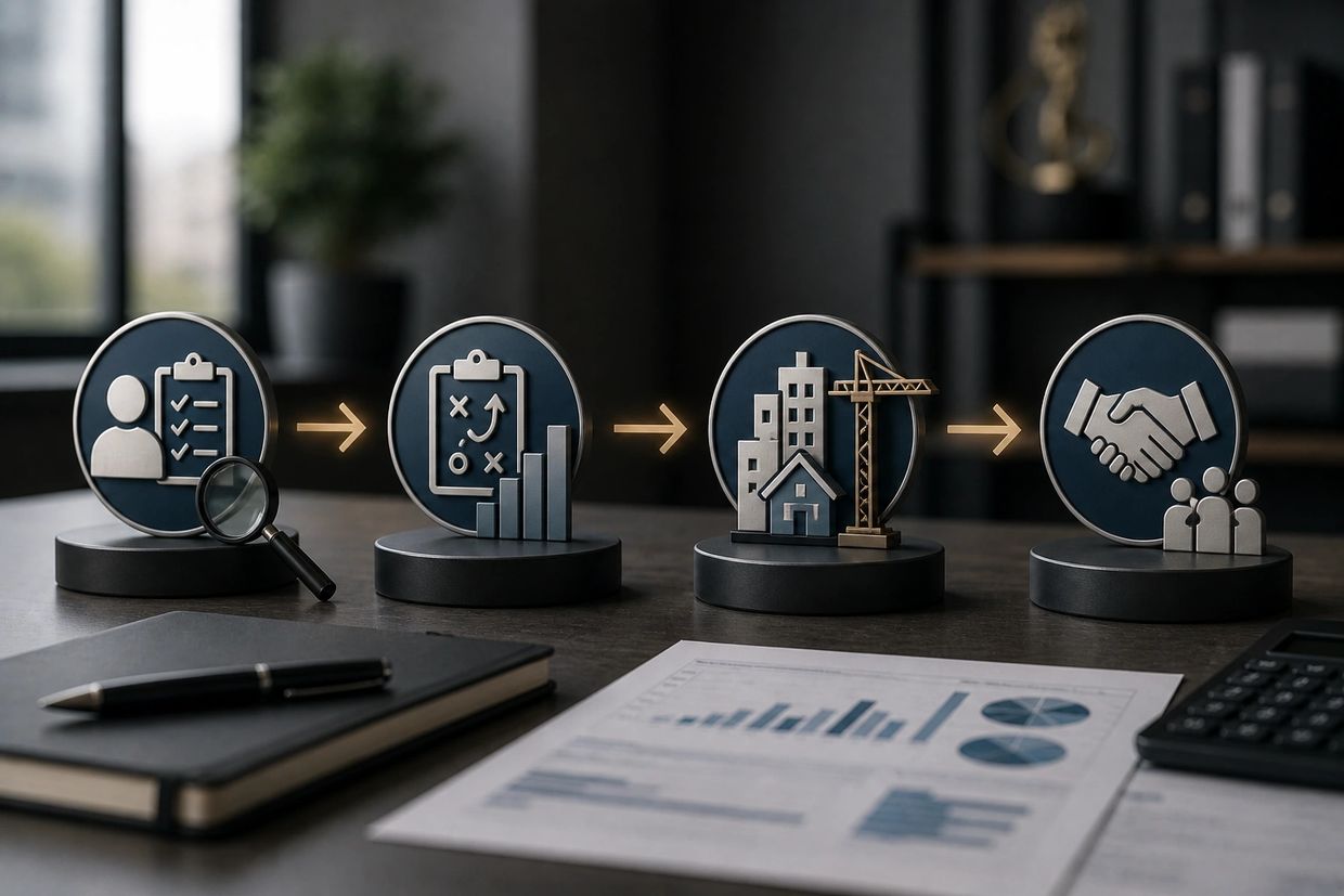 Icons illustrating a step-by-step business or project development process on a desk.